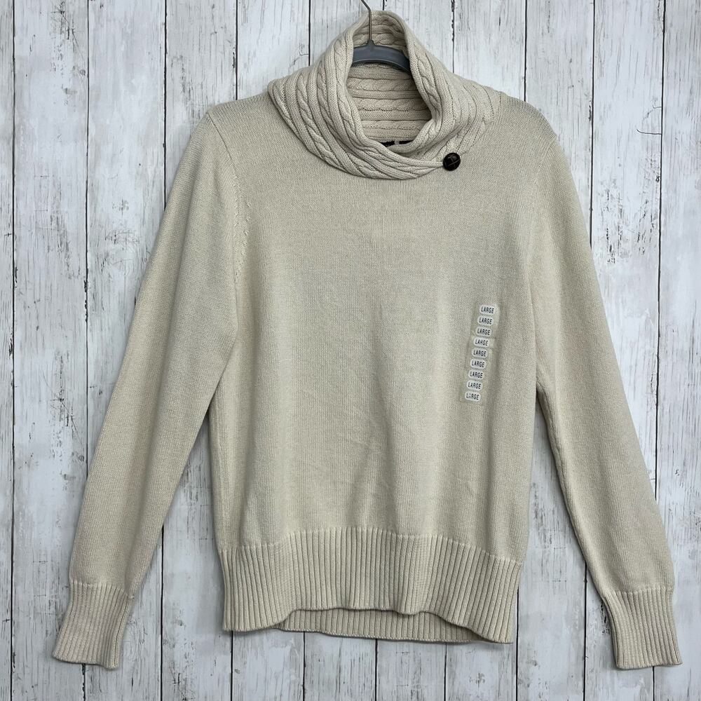 Jeanne Pierre Cream Knit Cowl Neck Button Accent Warm Work Classy Sweater Large
